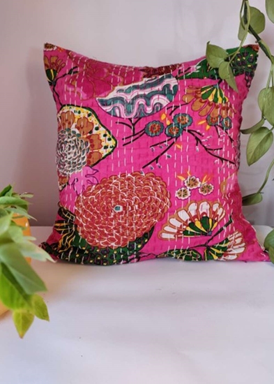 HomelyMess Pinkish Affair Kantha Stitch Cushion Cover