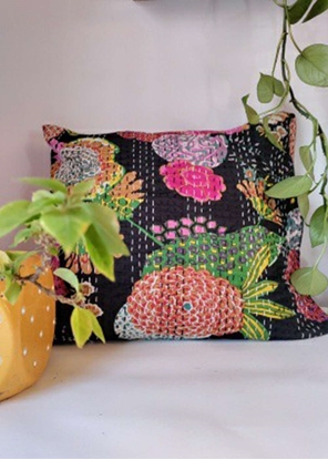 HomelyMess Black Forest Kantha Stitch Cushion Cover