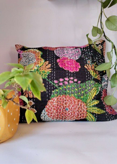 HomelyMess Black Forest Kantha Stitch Cushion Cover